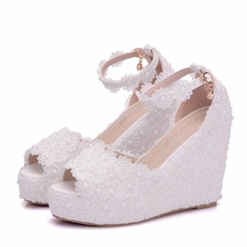 White Lace Open Toe Wedge Shoes - Sizes: 39-41
